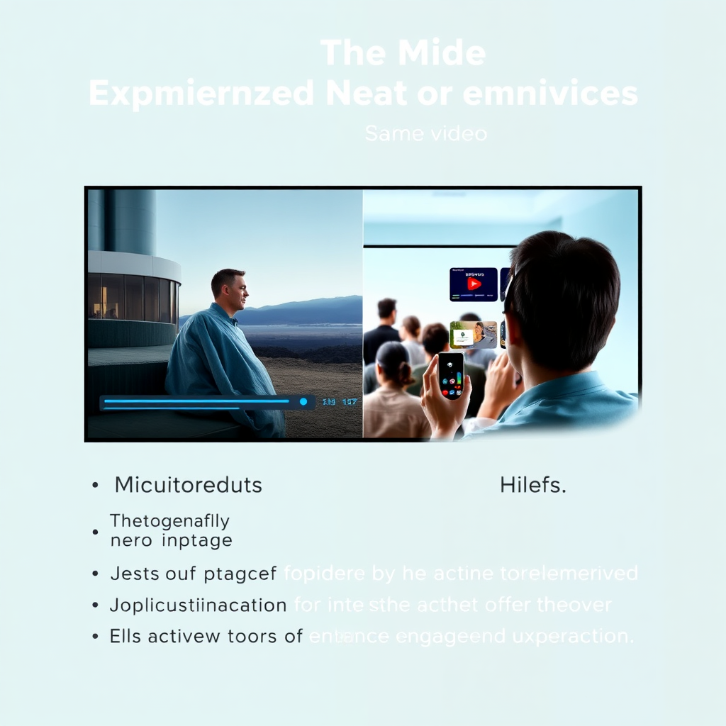 A split-screen image showing two different viewer experiences with the same video. One side shows a traditional, passive viewing experience. The other shows a viewer actively engaging with interactive elements such as polls, quizzes, and clickable annotations. The color palette is contrasting, highlighting the difference between the two experiences. The image should convey the power of interactivity to enhance viewer engagement. The resolution is 8K with a sleek, modern design.