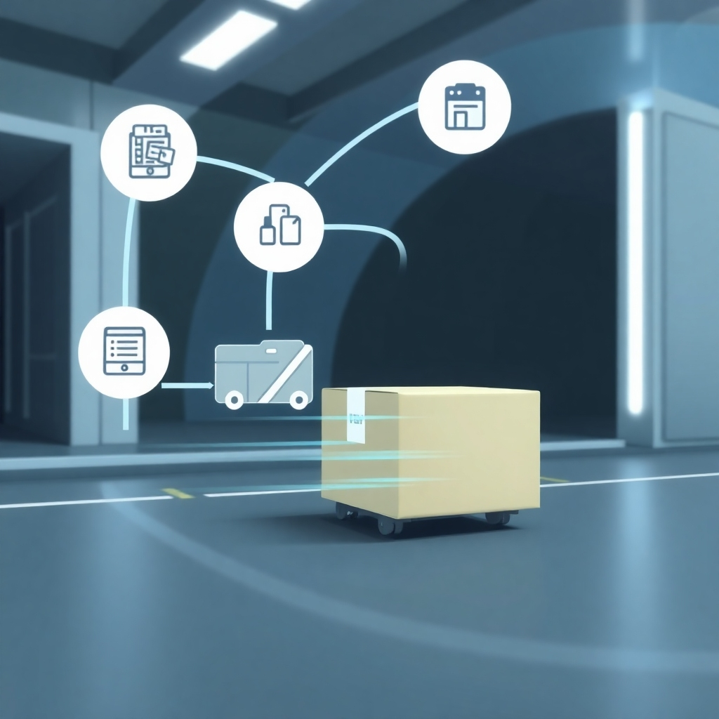 A stylized animation of a package moving seamlessly through a series of automated processes, from order placement to delivery, highlighting the speed and efficiency of the entire operation.  The animation should be sleek and modern, conveying a sense of speed and precision.