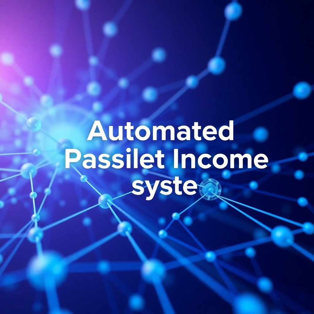 A stylized, futuristic image of interconnected nodes and data streams, representing automated passive income systems. The color palette is cool and sophisticated, using blues and purples. The visual style is clean and modern, with a focus on technology. Camera angle: abstract and dynamic, showcasing the flow of data. Style: Digital art with a focus on automation.