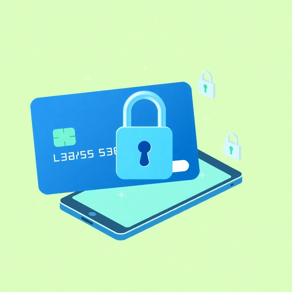 A stylized, graphic illustration representing secure online payment processing. The image shows a padlock symbol overlaid on a credit card and a smartphone, with digital encryption symbols surrounding them. The color palette is predominantly green and blue, symbolizing security and trust. The style is clean and modern, with a focus on visual clarity. Technical specs: 8K resolution, stylized rendering.