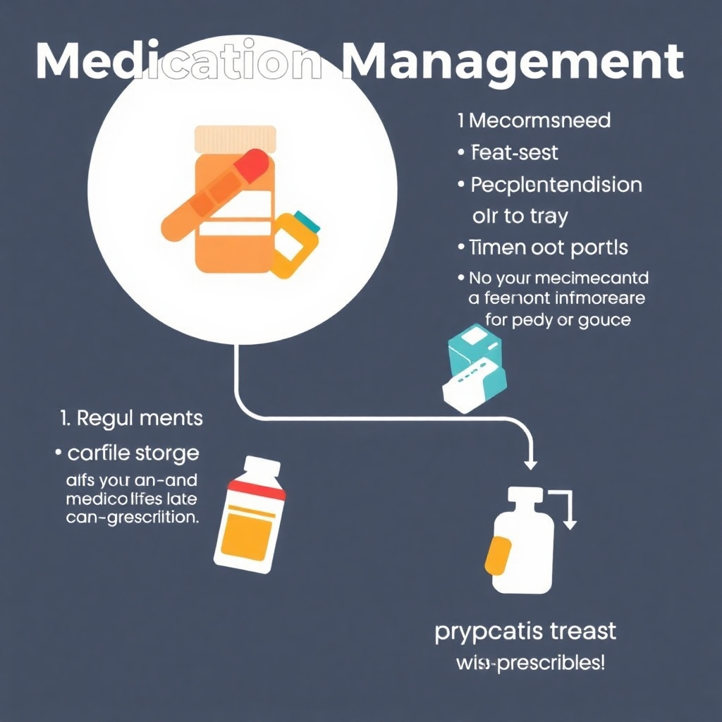 A stylized graphic, possibly a flow chart or infographic, highlighting steps involved in medication management, including regular checkups, proper storage, and taking medication as prescribed. Bright colors, clean lines, easy-to-understand visuals. Style: Clean and modern infographics.