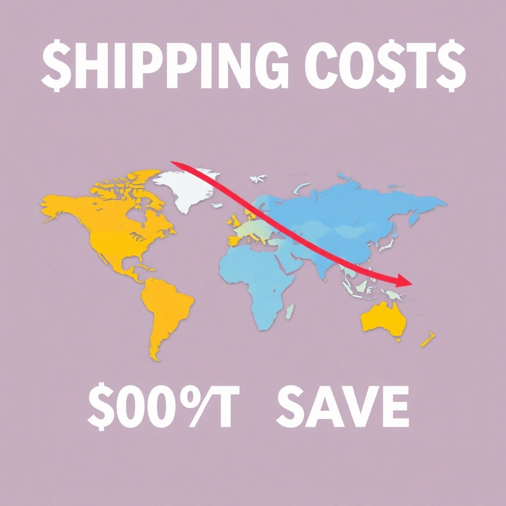 A stylized graphic showing a downward-trending line graph representing shipping costs, overlaid on a map of the world showing various shipping routes. The color palette should be vibrant and positive, while the graph's decline clearly showcases the cost-saving aspect. The style could be clean and minimalist, suggesting efficiency and data-driven strategies.