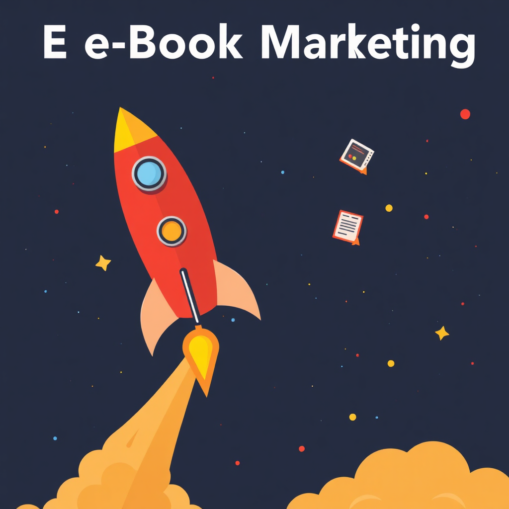 A stylized illustration depicting a rocket launching into space, propelled by e-books. The rocket is adorned with marketing symbols, such as social media icons and advertising banners. The background is a starry night sky, symbolizing the boundless potential of e-book marketing. The color palette is bold and energetic, with shades of red, orange, and yellow.