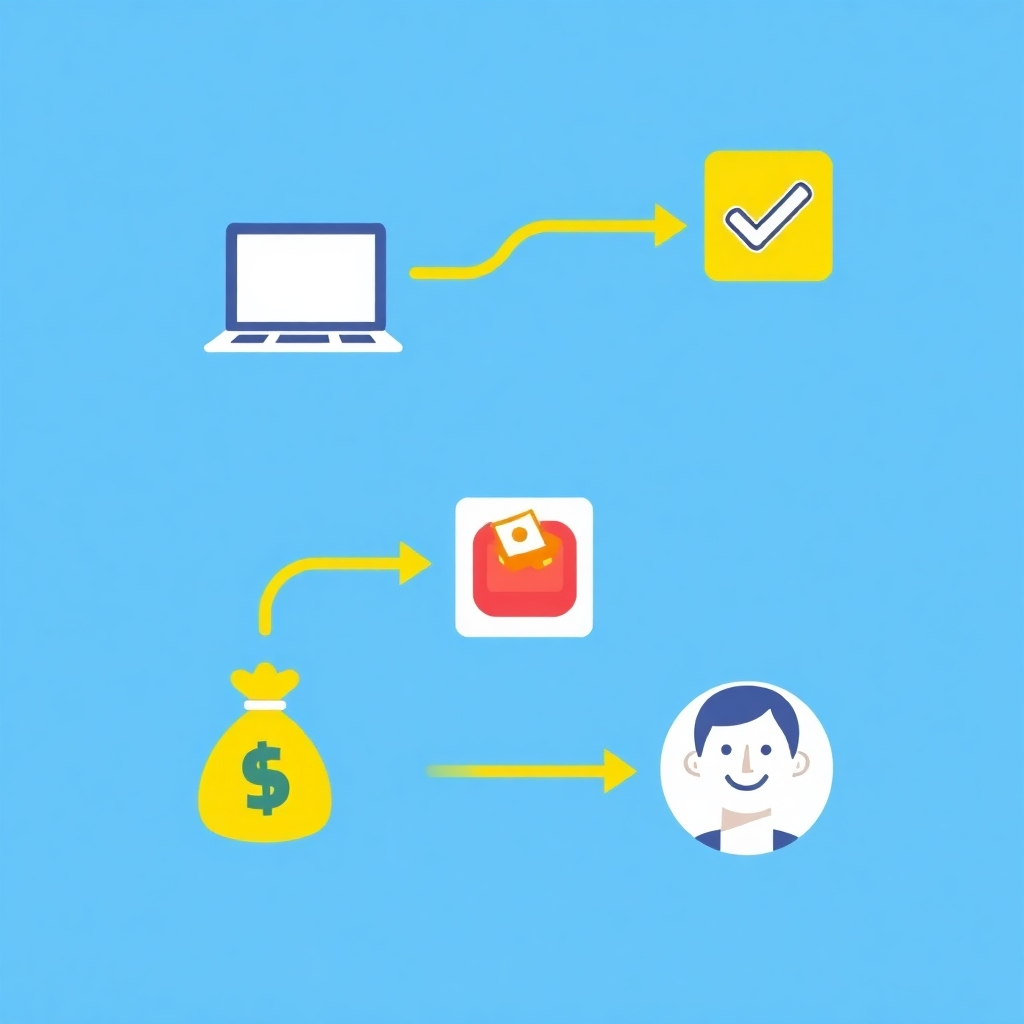 A stylized illustration depicting a simple, step-by-step process represented visually with icons like a laptop, a checkmark, a money bag, and a smiling person. The style should be bright, clean, and easily understandable, similar to an infographic. Use vibrant colors to enhance readability and clarity.