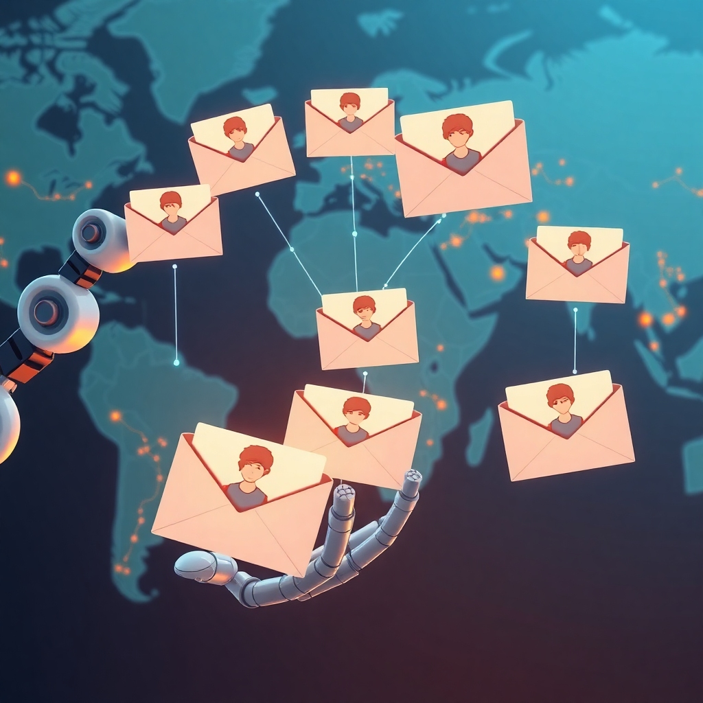 A stylized illustration of a robotic arm sending personalized emails to multiple inboxes. Each inbox has a person's avatar above it, indicating personalized messages. The background could show a world map with highlighted locations representing outreach targets.