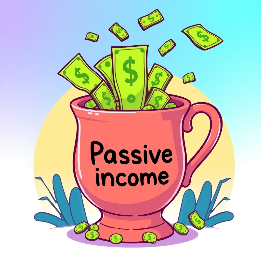 A stylized illustration of money flowing into a large, overflowing cup.  The cup is labelled "Passive Income". The style should be vibrant and playful, with a slightly cartoonish feel but still maintaining a sense of professionalism. The background could be a gradient of blues and greens, symbolizing growth and prosperity.  The overall image should project a feeling of abundance and effortless wealth creation.
