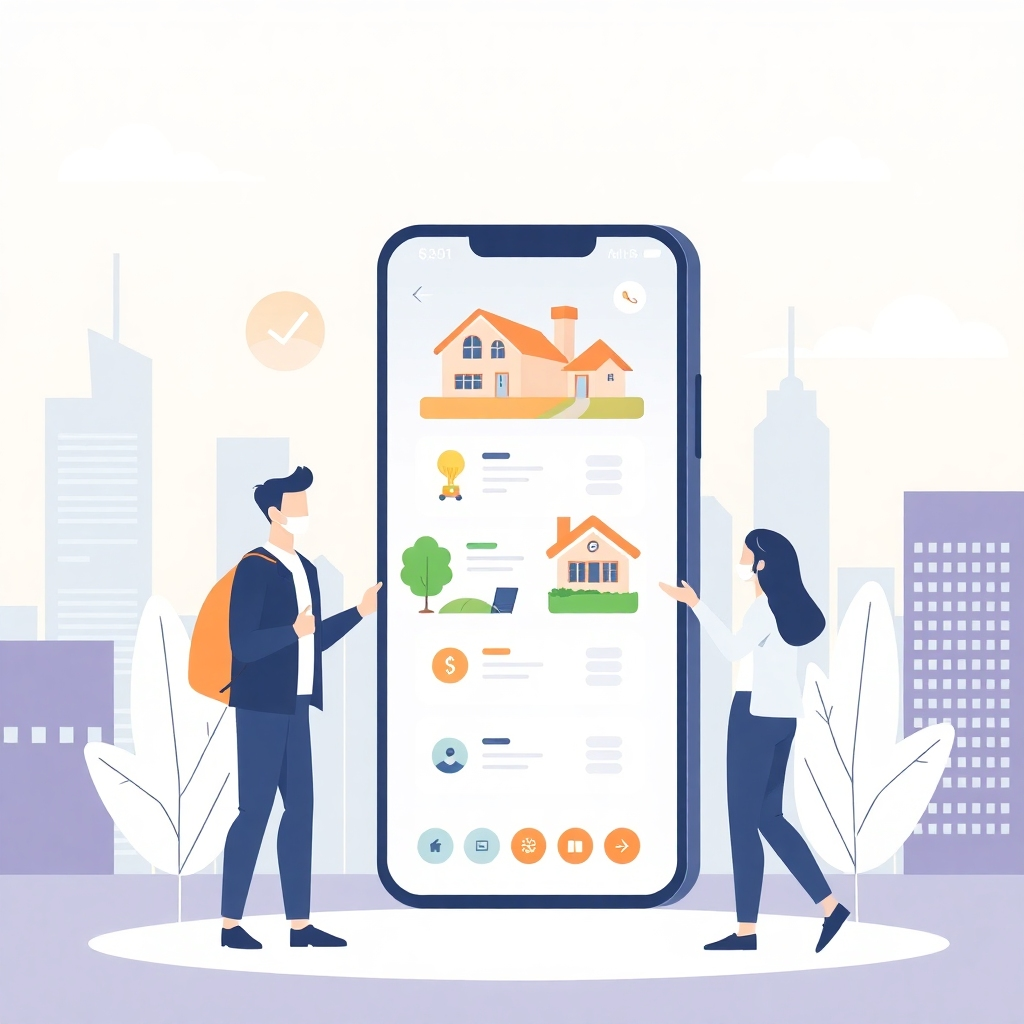 A stylized illustration of people investing in real estate through a mobile app.  The illustration should be modern, clean, and easy to understand, showcasing the simplicity and ease of the process. A background featuring a skyline or cityscape will reinforce the investment theme.