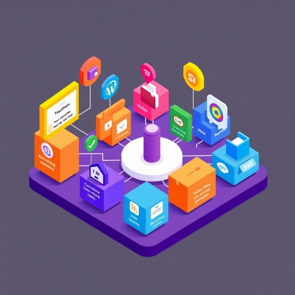 A stylized illustration, possibly using a vibrant color palette and isometric perspective, showing various interconnected niche markets.  Each niche is represented by a unique icon and color-coded to show their potential profitability. The image should focus on the strategic connections and potential growth across different niche sectors, visually suggesting the opportunities available for affiliate marketing.