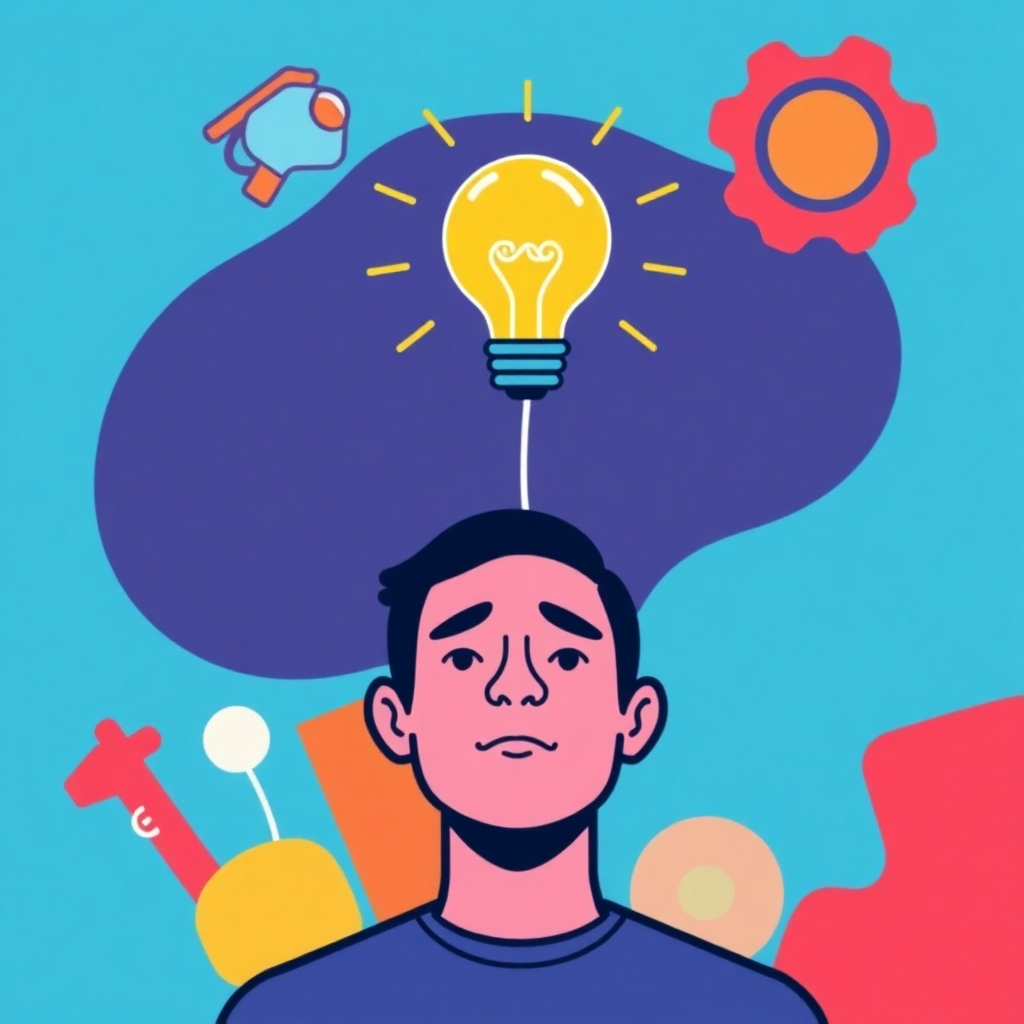 A stylized illustration showing a lightbulb moment above a person's head, representing the discovery of an ideal side hustle. The style should be clean and modern, using a vibrant color scheme with sharp lines and flat shading. The background could be abstract shapes representing diverse skills and talents.