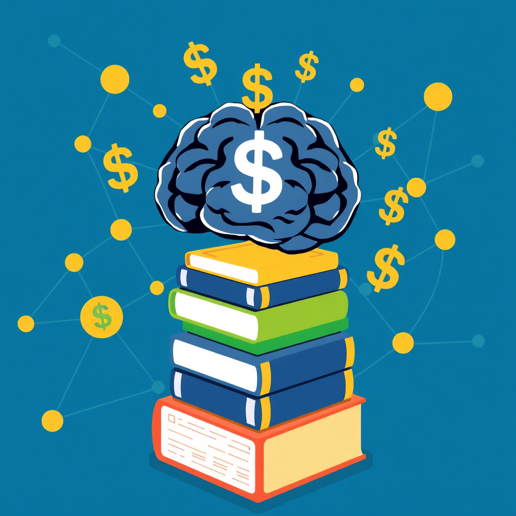 A stylized illustration showing a brain transforming into a stack of books, with dollar signs subtly integrated into the book covers. The background features a network of interconnected nodes, representing the online marketplace. Use a vibrant color palette with shades of blue, green, and gold to symbolize knowledge, growth, and prosperity. The style is clean and modern, with a touch of whimsy.