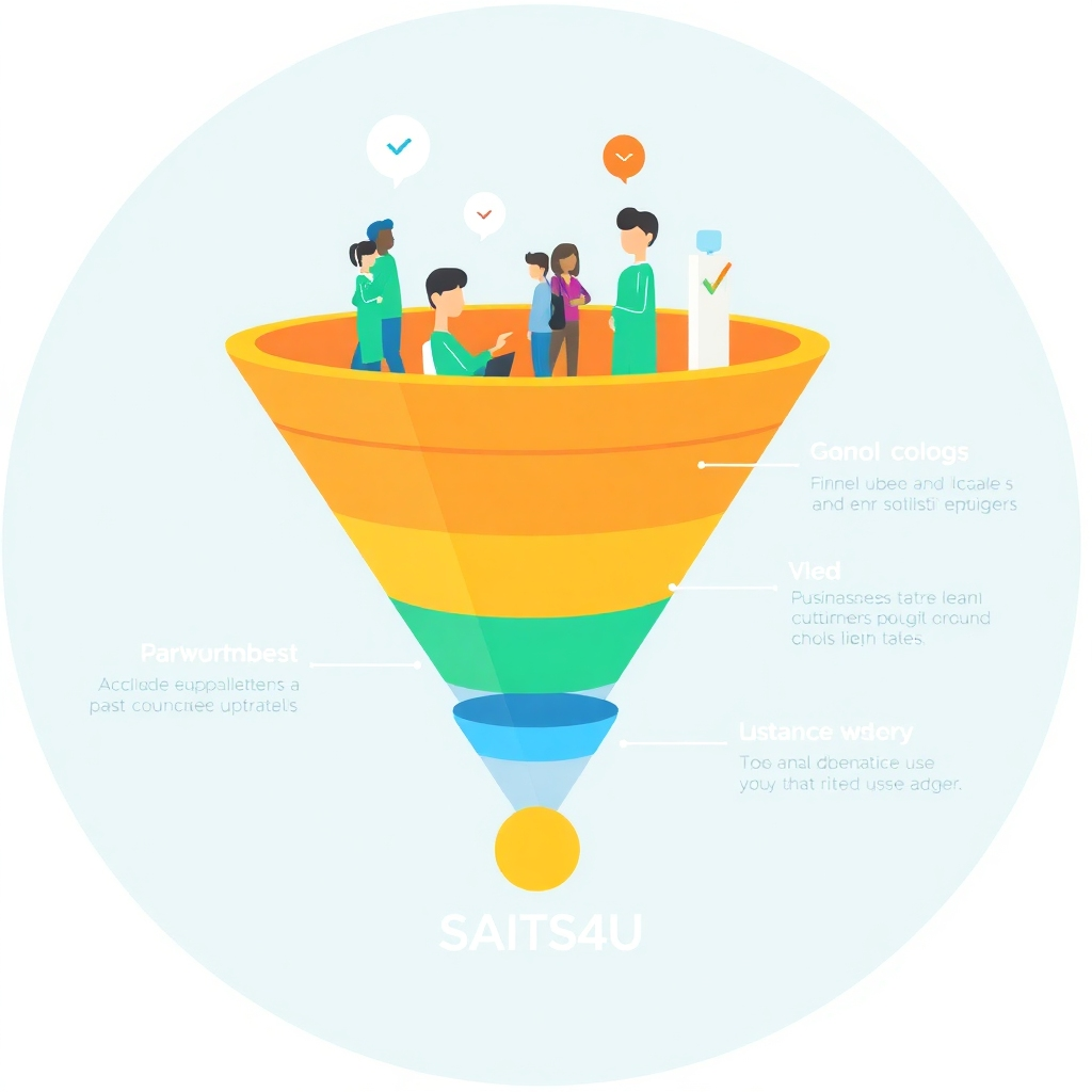 A stylized illustration showing a funnel, depicting customers moving through different stages of the sales process. Use bright colors and clean lines to convey a modern and efficient workflow.  The SAITS4U logo can be included discreetly.