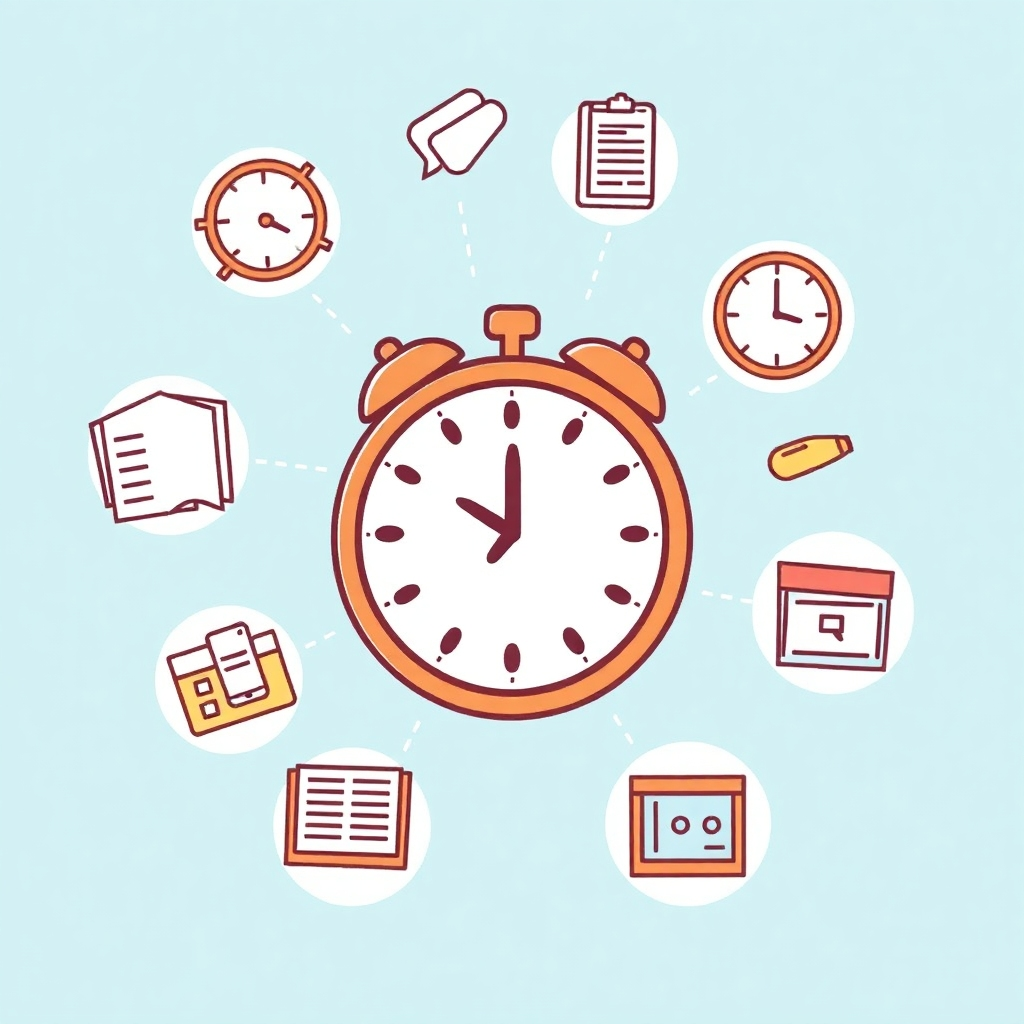 A stylized illustration with icons that represent various aspects of effective time management. Use a design that feels friendly and inviting.