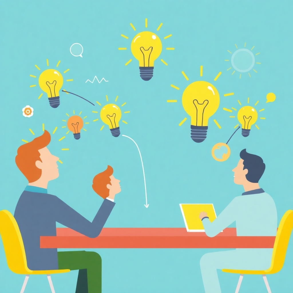 A stylized image depicting a brainstorming session, with lightbulbs and creative ideas represented visually. The style should be bright, colorful, and energetic.