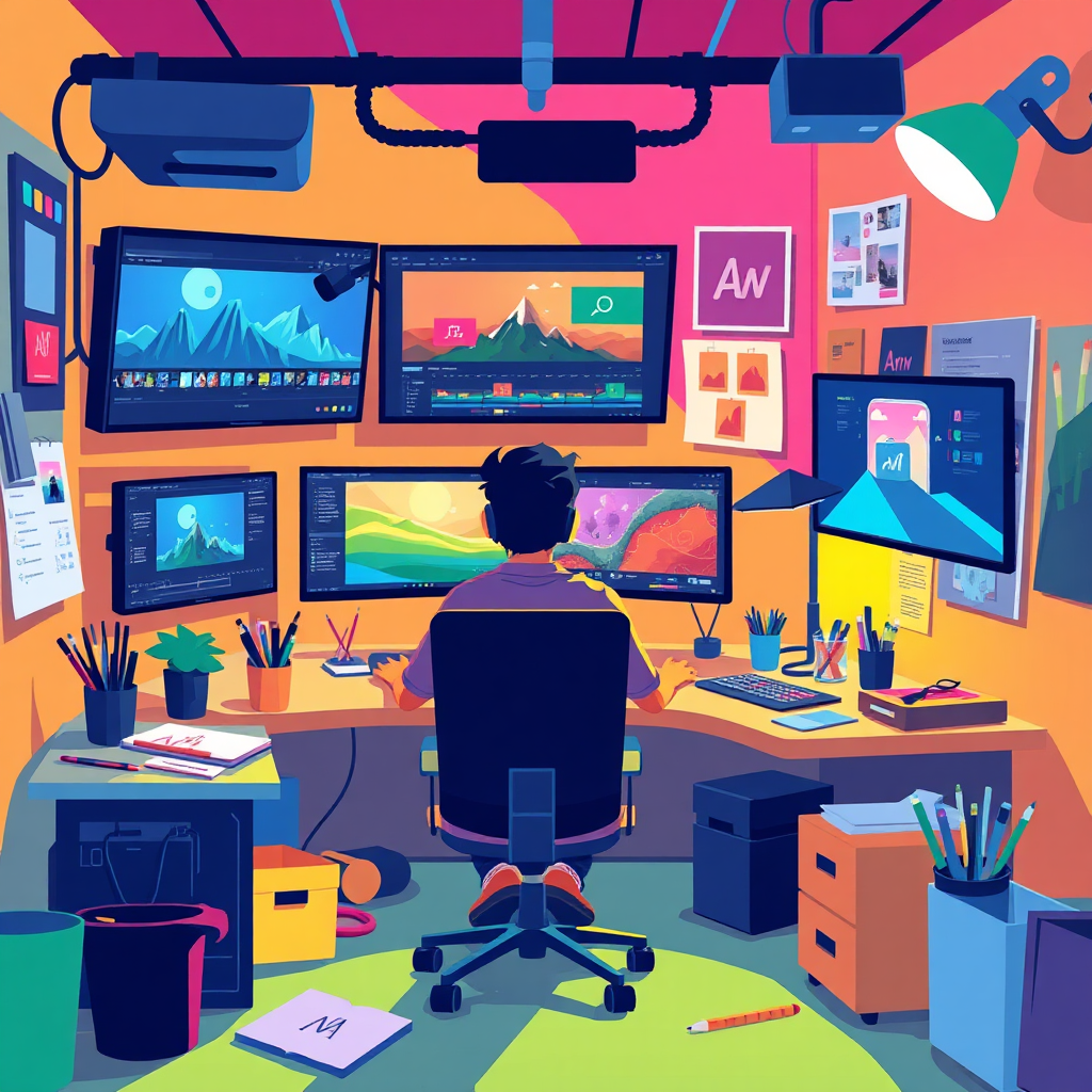 A stylized image depicting a creative individual in a dynamic and colorful workspace. The individual is working on a video editing project, with multiple screens displaying video footage, editing timelines, and visual effects. The workspace is filled with creative tools and inspiration, such as art supplies, storyboards, and mood boards. The color palette should be vibrant and energetic, using a mix of primary and secondary colors to represent creativity and innovation. The overall mood should be inspiring and motivating.