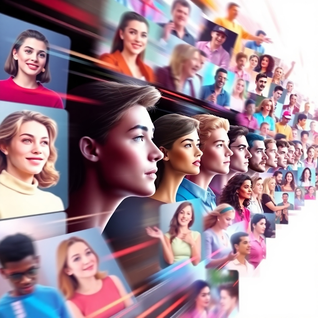 A stylized image depicting a continuous flow of high-quality AI-generated videos of diverse virtual human spokespeople, showcasing various moods and scenarios. Vibrant colors, fast-paced visuals, and dynamic composition to convey the limitless capabilities of the software. Focus on conveying creativity and endless possibilities; the style could be vibrant, energetic, and slightly abstract, using a dynamic composition to convey the limitless possibilities of HumanPal.