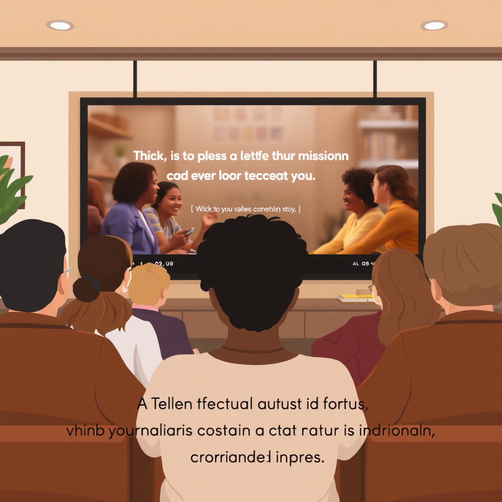 A stylized image depicting a diverse group of people watching a compelling video on a large screen. The video tells a heartfelt story about a brand's mission and values. The environment is warm and inviting, with comfortable seating and soft lighting. The color palette is earthy and authentic, using natural tones to represent trust and connection. The overall mood is emotional and inspiring.
