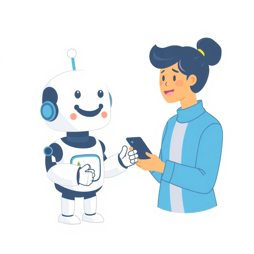 A stylized image depicting a friendly chatbot icon interacting with a customer's avatar. The scene should be friendly and engaging, showcasing how HumanBot delivers personalized interactions. Use soft colors and a welcoming design to convey approachability and friendliness.
