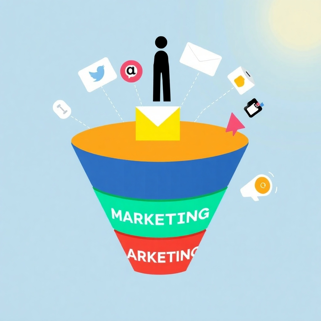 A stylized image depicting a marketing funnel, with various marketing channels like social media, email, and advertising represented visually.