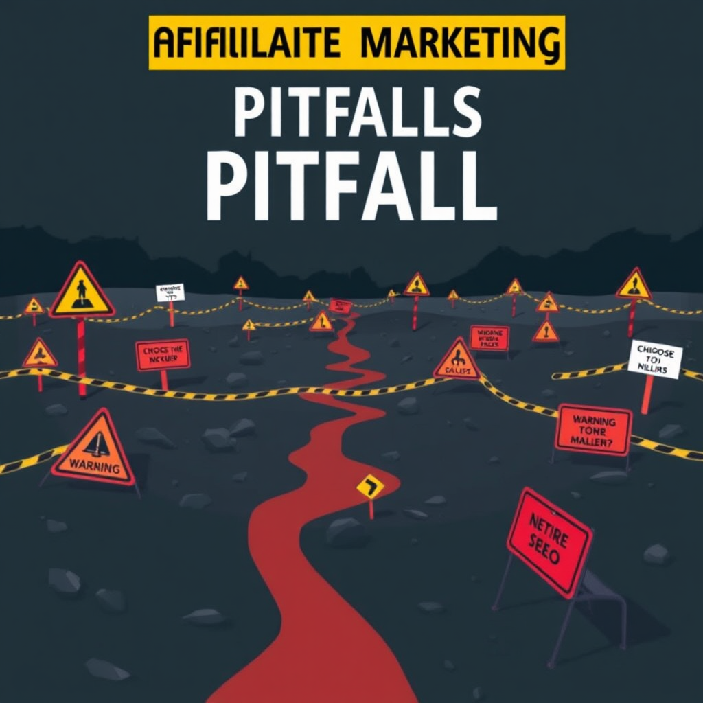 A stylized image depicting a minefield labeled 'Affiliate Marketing Pitfalls'. The image should feature warning signs, caution tape, and various obstacles representing common mistakes such as choosing the wrong niche or neglecting SEO. Use a dark and ominous color scheme with reds and blacks to convey danger and risk.