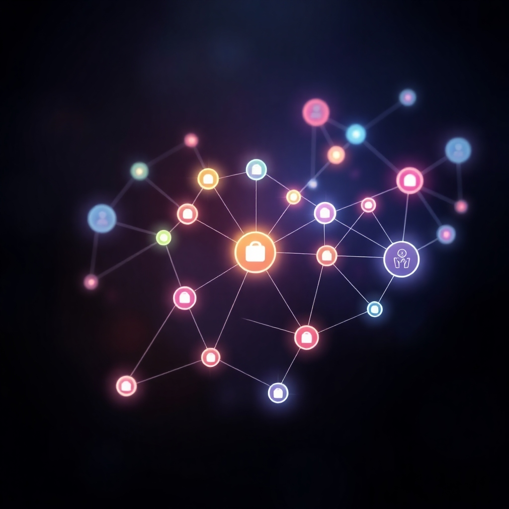 A stylized image depicting a network of connected nodes and lines, representing various customer interactions being efficiently handled by HumanBot.  Use a vibrant color palette with nodes glowing softly, showing data flow. The background can be a dark, abstract space to highlight the network visualization. The style should be modern and abstract, highlighting HumanBot's advanced technology.