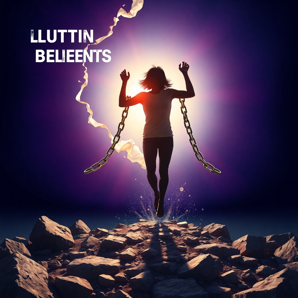 A stylized image depicting a person breaking free from chains symbolizing limiting beliefs, emerging into a bright, sunlit landscape representing financial freedom.  Use a vibrant color palette with a focus on contrasting dark and light elements to highlight the transformation. The style should be surreal and inspirational, borrowing from fantasy art elements.
