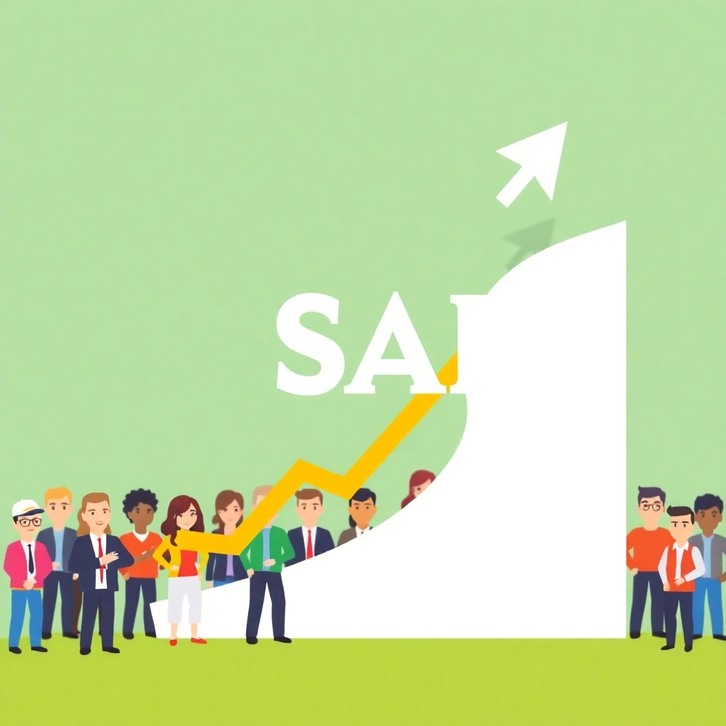 A stylized image depicting a strong, upward-trending graph overlaid with the SAI logo, set against a backdrop of diverse, miniature people representing small business owners and employees. The style should be vibrant and modern, conveying a sense of growth and success.