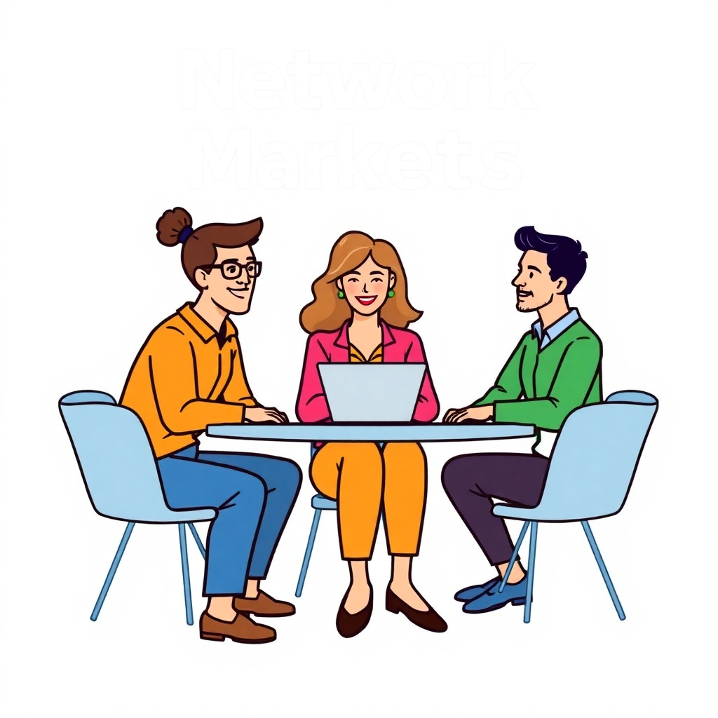 A stylized image depicting a team of network marketers collaborating and supporting one another. The image should be collaborative and showcase positive teamwork.