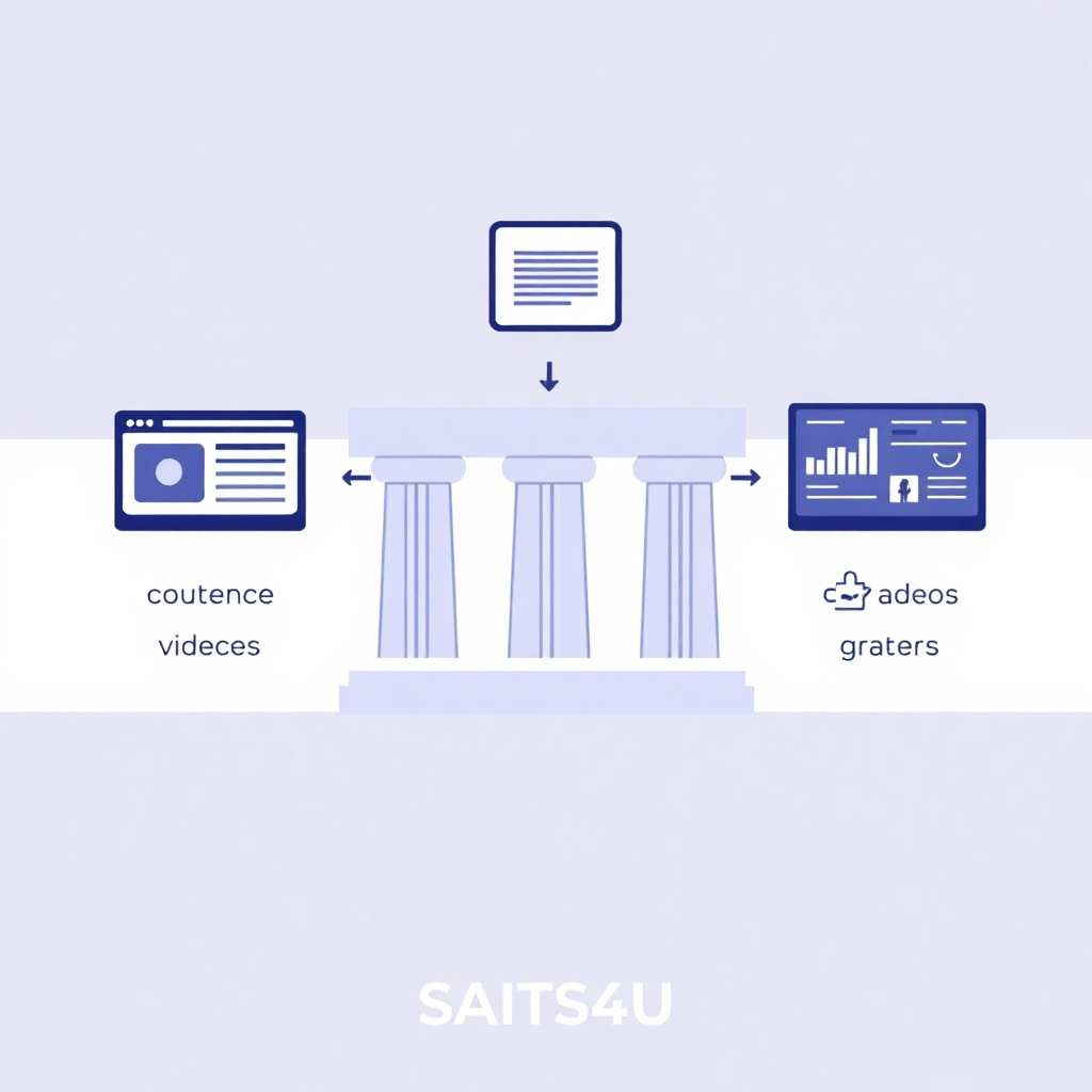 A stylized image depicting content pillars, such as articles, videos, and infographics, converging to build brand awareness and lead to sales. The image should use clean lines and a modern color palette. The SAITS4U logo should be subtly incorporated.