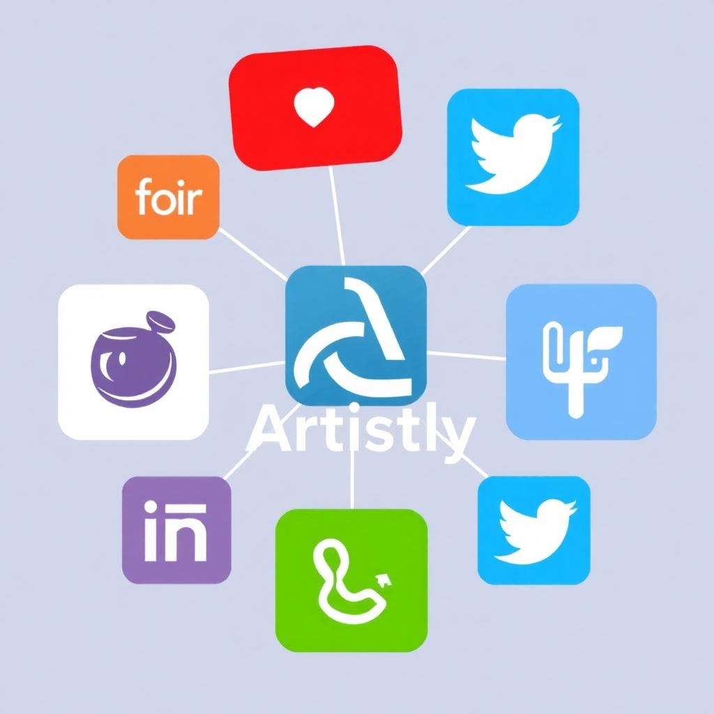 A stylized image depicting various social media logos and art platforms connected visually to the Artistly logo, forming a network of connection and collaboration.  The visual should be clean and simple, emphasizing the interconnectedness.