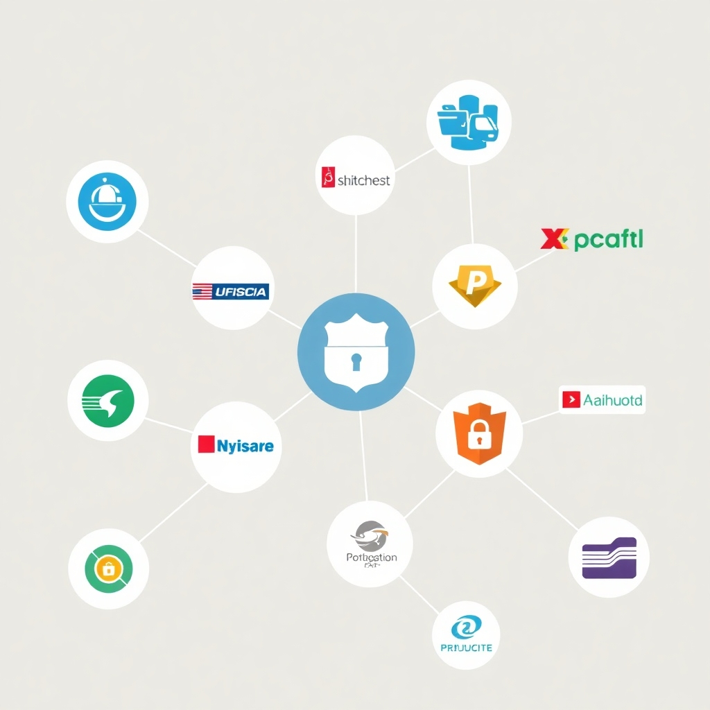 A stylized image displaying various logos of reputable shipping carriers in a connected network pattern. The visuals should emphasize connectivity, security, and reliability.  The color palette should be calming and trustworthy, conveying a sense of security and stability.