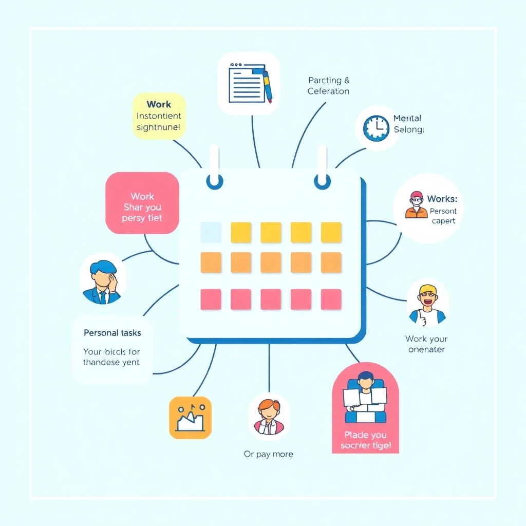 A stylized image of a calendar with various work and personal tasks integrated, highlighting flexibility and balance. Bright, clean design with vibrant colors.