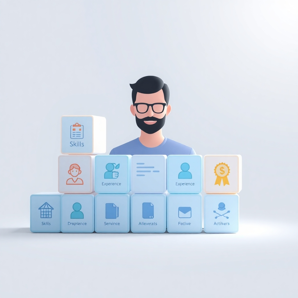 A stylized image of a digital profile being built with blocks representing different elements like skills, experience, and achievements. The profile is visually appealing and well-organized. The lighting should be bright and clean, highlighting the clarity and professionalism of the profile. The overall composition should convey the idea of building a strong online presence.