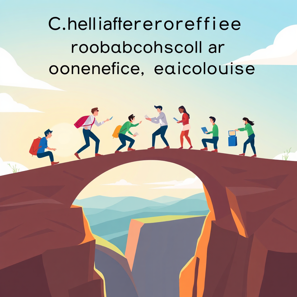 A stylized image of a group of entrepreneurs working together to build a bridge across a chasm. Each entrepreneur is contributing their skills and resources to the project. The background is a landscape with a clear sky and a rising sun, symbolizing hope and progress. The lighting is bright and optimistic. The color palette is vibrant and diverse, representing the different perspectives and contributions of the entrepreneurs. The camera angle is dynamic, capturing the teamwork and collaboration involved in the project. The style is slightly stylized, with a focus on visual metaphors and symbolic representation. The overall image should convey the message that collaborative problem-solving is a powerful tool for achieving mutual success.