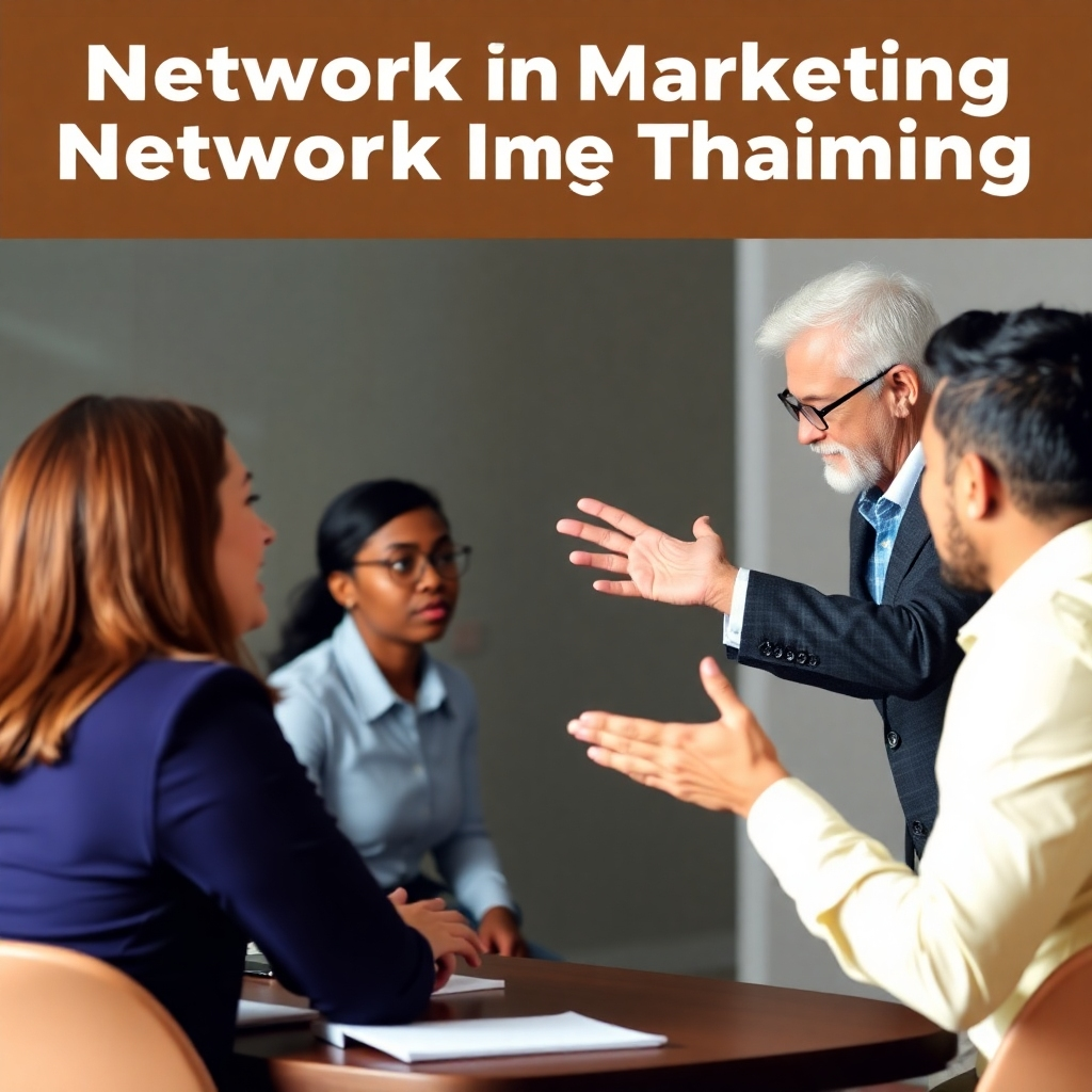 A stylized image of a mentor guiding mentees through a network marketing training session. The mood is supportive and inspiring.