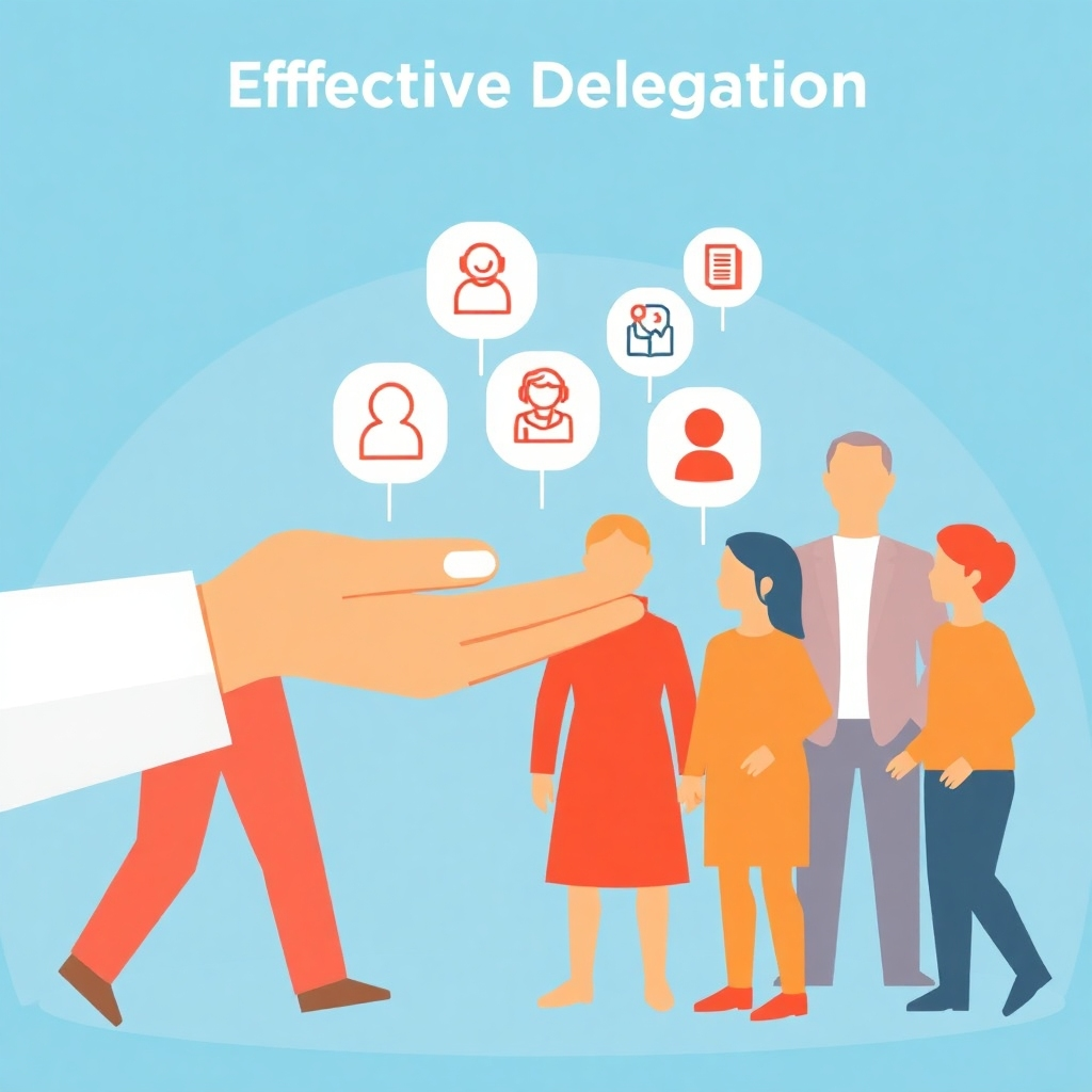 A stylized image of a person handing off tasks to a team of individuals, symbolizing effective delegation. The tasks should be represented as digital icons being transferred from one person to another.