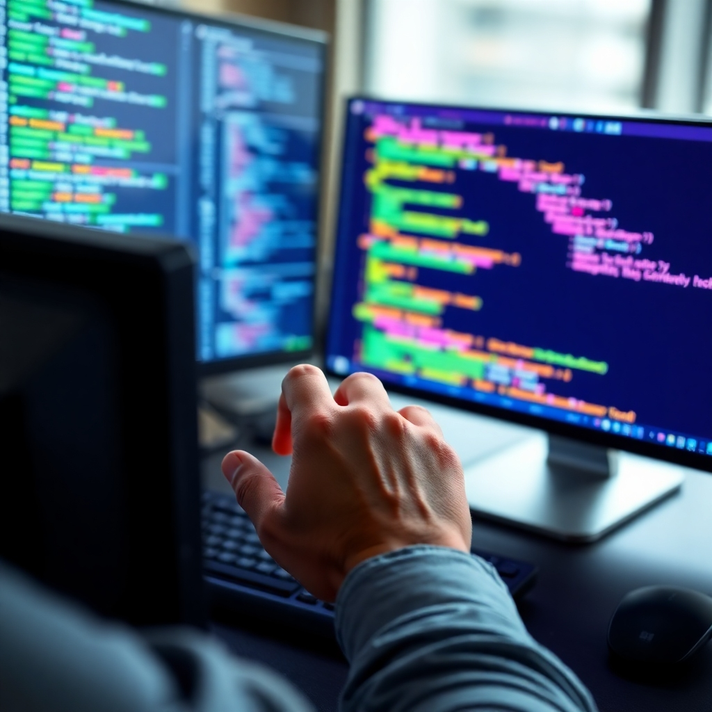 A stylized image of a person using a computer, with vibrant code streaming across the screen, symbolizing the acquisition of new skills and the creation of something new. This should be a photorealistic image with a focus on the digital interface elements, showcasing a modern and appealing style.