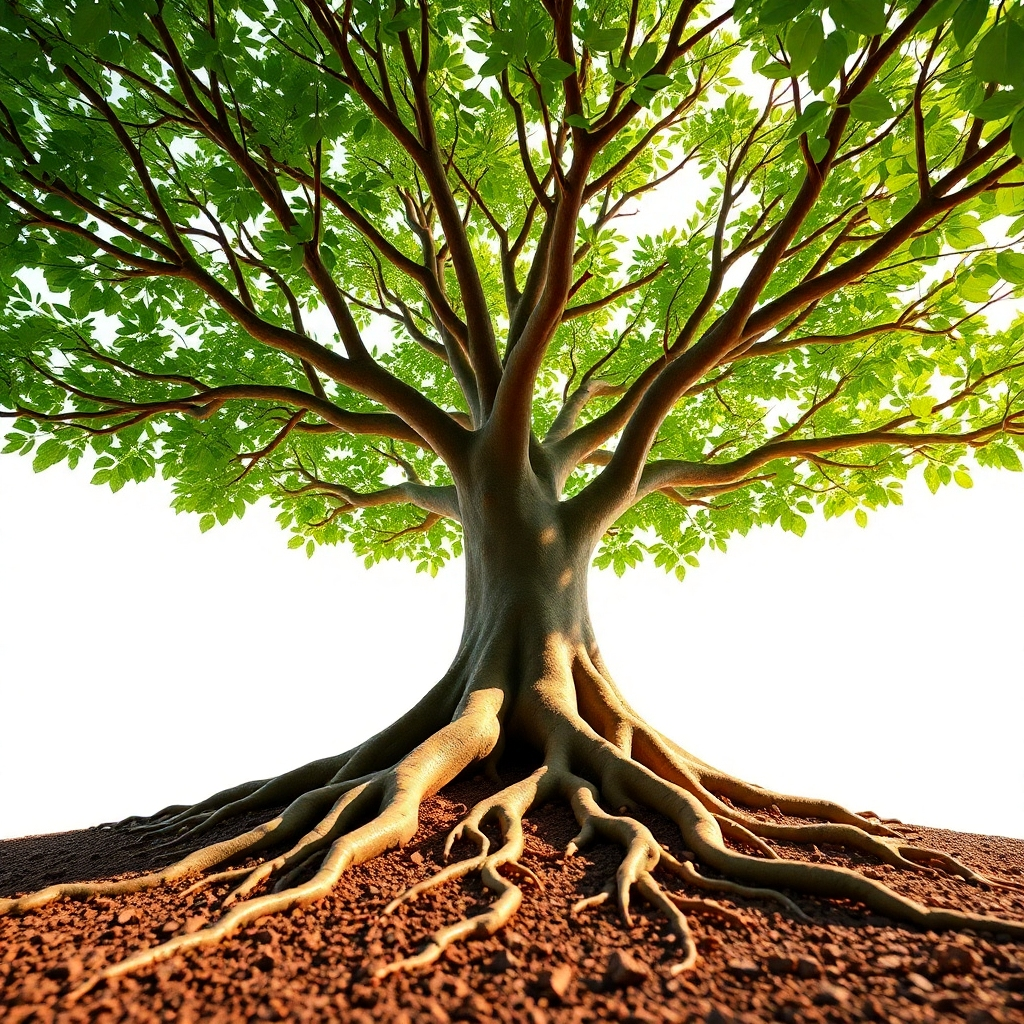 A stylized image of a strong, growing tree with its roots firmly planted in the ground. Use natural and organic color palette.  The lighting should be soft and warm. The camera angle should be slightly from below. Aim for a 4K resolution image, high-quality and visually appealing