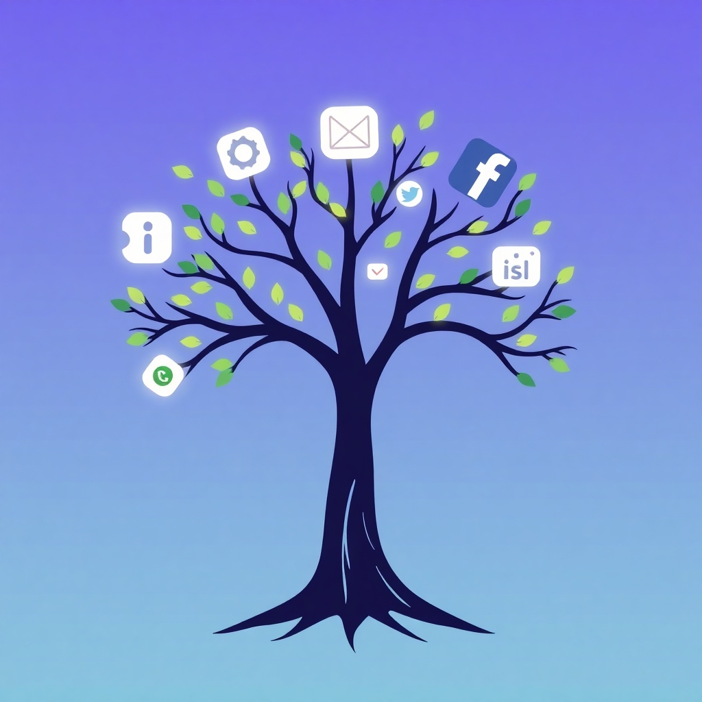 A stylized image of a tree with branches extending outwards, each branch representing a different social media platform. The tree is rooted in a strong foundation, symbolizing a well-developed brand. The leaves are glowing, representing engagement and visibility. The background is a soft gradient of blue and purple, symbolizing the digital world. The style is modern and minimalist.