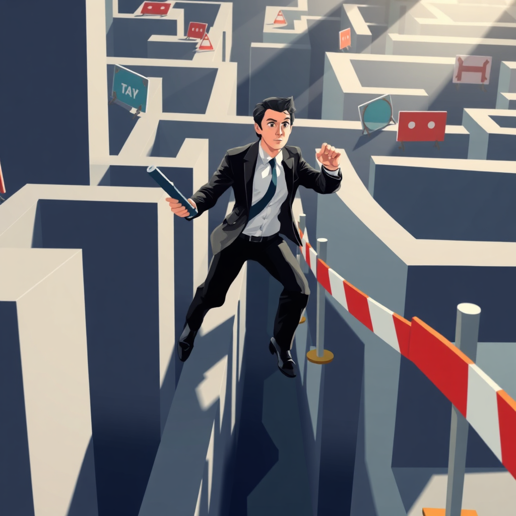 A stylized image of an entrepreneur skillfully navigating a maze of obstacles and challenges. The obstacles are represented by abstract shapes and symbols, such as walls, barriers, and roadblocks. The entrepreneur is depicted as a confident and determined figure, using tools and strategies to overcome each obstacle. The lighting is dramatic, with shadows and highlights emphasizing the challenges. The color palette is contrasting, with a mix of dark and light tones to create a sense of tension and excitement. The camera angle is dynamic, capturing the entrepreneur's movement and progress through the maze. The style is slightly stylized, with a focus on visual metaphors and symbolic representation. The overall image should convey the message that overcoming obstacles is a key part of the negotiation process.