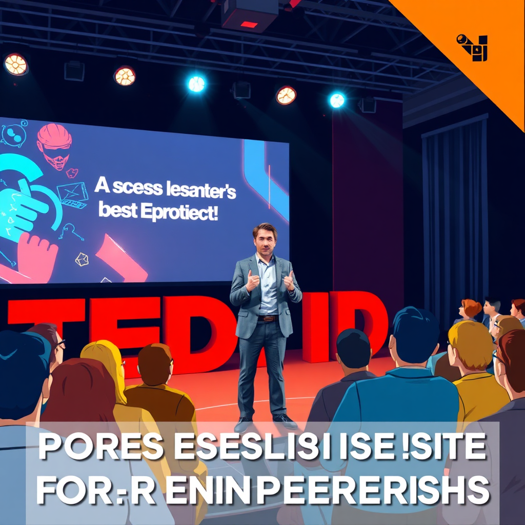 A stylized image of an entrepreneur standing on a stage, delivering a persuasive presentation to a captivated audience. The setting is a TED Talk-style event, with a large screen behind the speaker displaying impactful visuals. The lighting is dramatic, with spotlights highlighting the speaker. The color palette is vibrant and energetic, with a mix of blues, oranges, and yellows. The camera angle is from the audience's perspective, capturing the speaker's confident body language and engaging expression. The style is slightly stylized, with a focus on dynamic composition and strong visual elements. The overall image should convey the message that persuasive communication is a key skill for entrepreneurs.