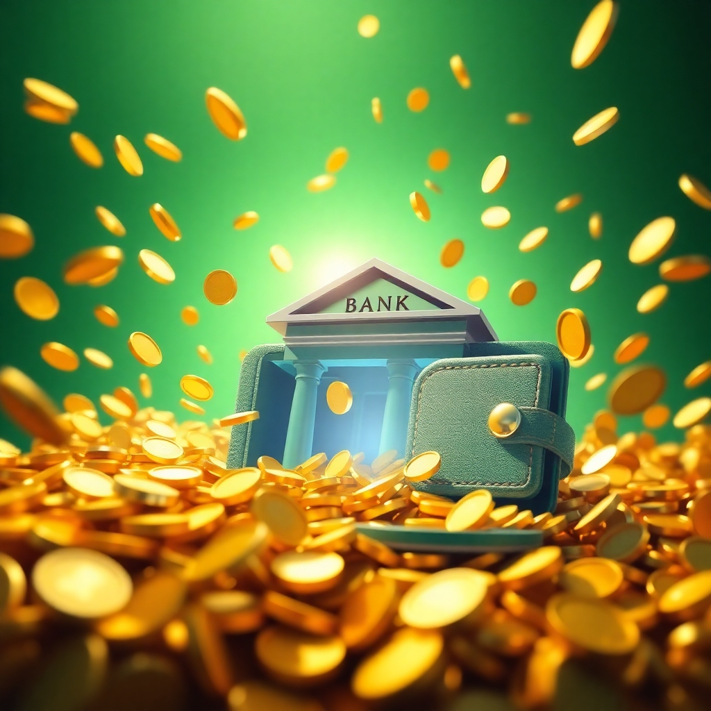 A stylized image of coins or currency flowing into a large bank account or a digital wallet.  Emphasize movement and abundance.  The color palette should be rich and luxurious (golds, greens).  Use dynamic lighting to create a sense of energy. The camera angle should be dynamic.  The style should be modern and sleek. Aim for a 4K resolution image, visually dynamic and high-quality.