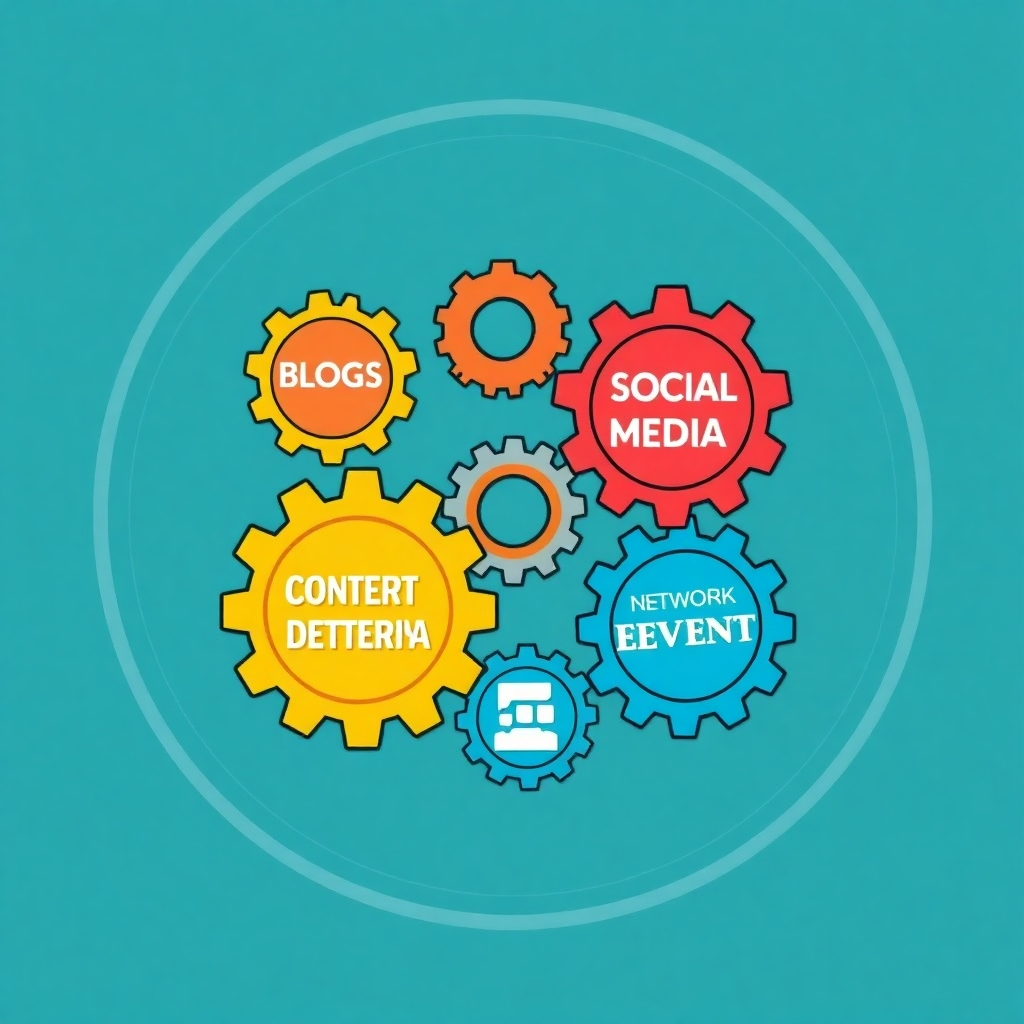 A stylized image of interconnected gears, each representing a different aspect of content marketing and networking. One gear represents blog posts, another social media, and another networking events. The gears are working together seamlessly, creating a powerful synergy. The colors should be vibrant and dynamic, symbolizing the energy of content marketing. The style should be modern and tech-focused.
