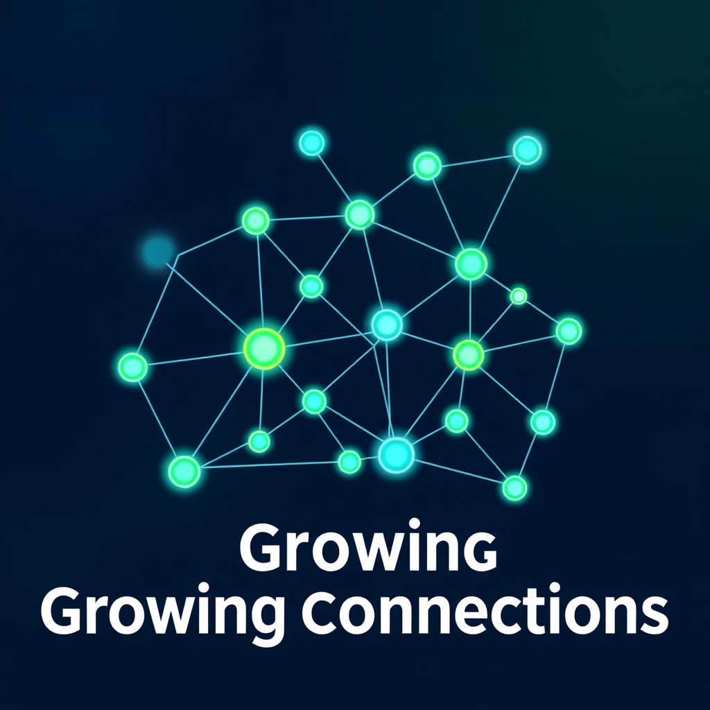 A stylized image of interconnected nodes representing a network. Each node glows with light, and lines connecting them represent communication and collaboration. The background is a dark, abstract space, emphasizing the network's vastness. The color palette is primarily blues and greens, suggesting trust and growth. The composition is dynamic, suggesting constant expansion. This image should convey the idea of growing connections.