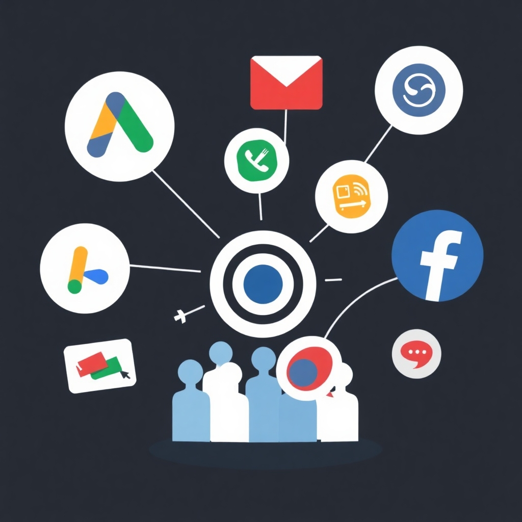 A stylized image representing various advertising platforms like Google Ads, Facebook Ads, and others, converging towards a target audience. Use a design that represents targeting and conversion.