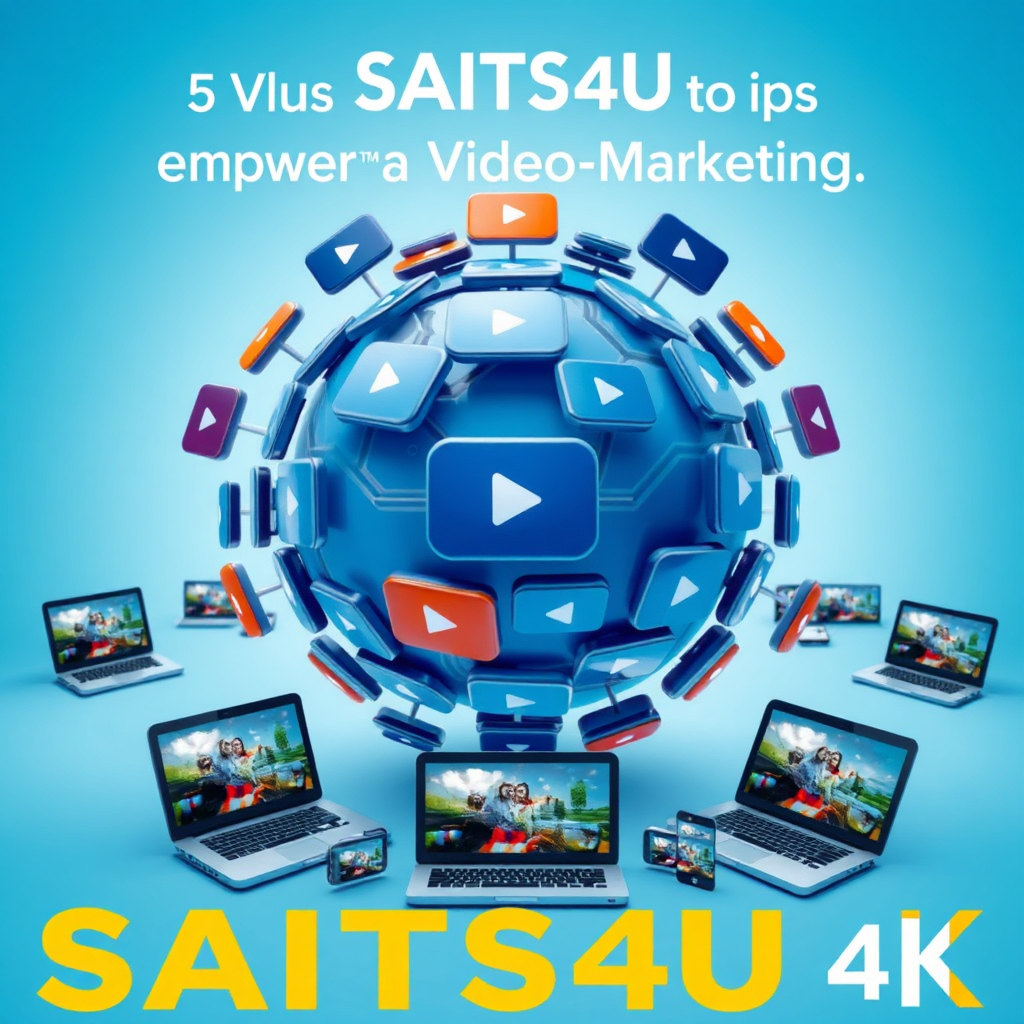 A stylized image representing SAITS4U's mission to empower businesses through video marketing. The central focus is a stylized globe constructed from interwoven video play buttons. These buttons are radiating outwards, symbolizing the global reach and impact of video content. Surrounding the globe are various digital devices such as laptops, tablets, and smartphones, each displaying engaging video content. The color palette should be vibrant and modern, with a dominant blue hue representing trust and innovation, complemented by shades of green and orange representing growth and creativity. Lighting conditions should be soft and diffused, creating a welcoming and empowering atmosphere. Camera angle: eye-level, focusing on the interconnectedness of the video play buttons. 4K resolution, high quality.