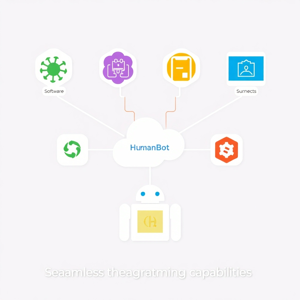 A stylized image representing various software systems connecting to HumanBot, highlighting the seamless integration capabilities.