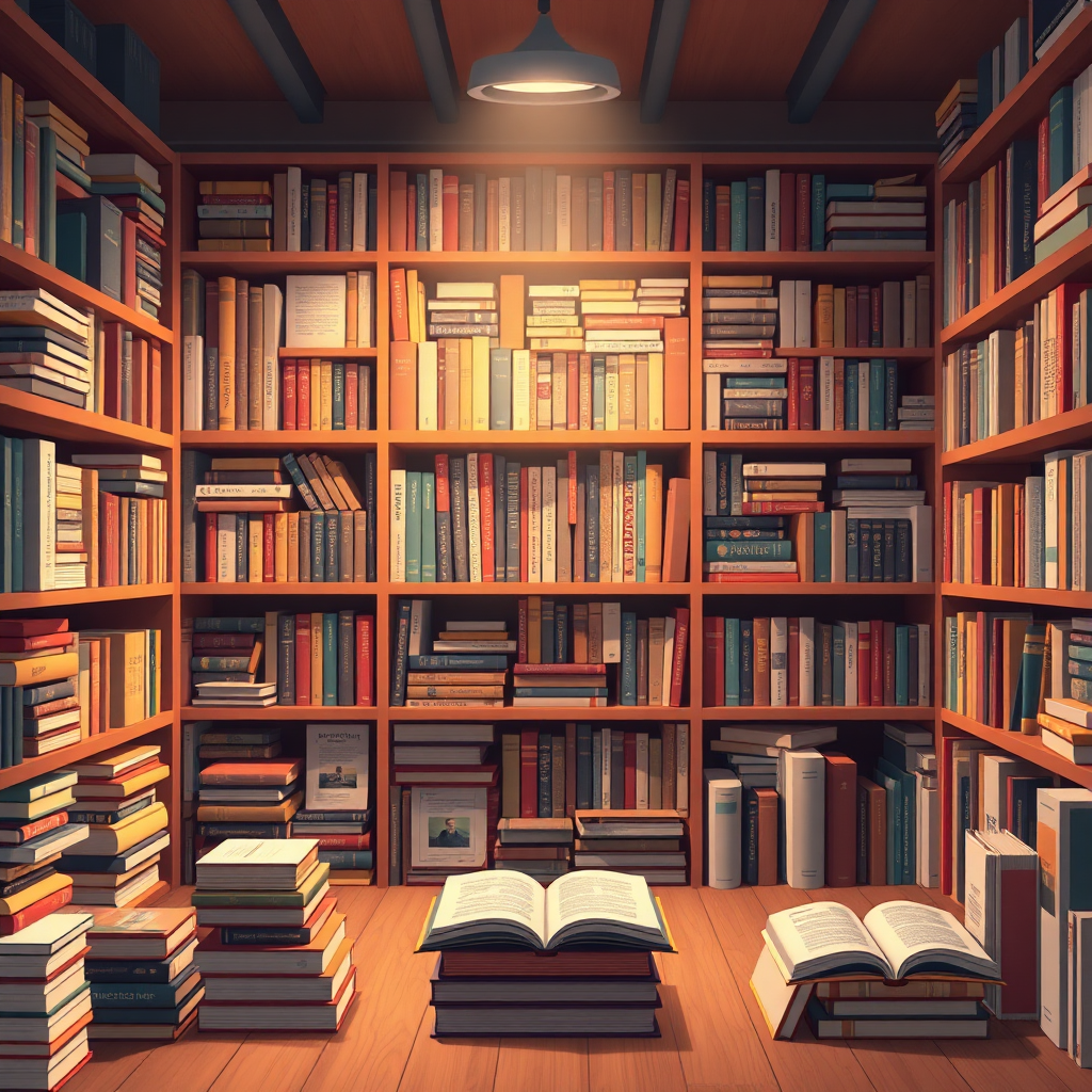 A stylized image showcasing a vast library of AI resources, including books, articles, and digital content. The color palette should be warm and inviting, creating a sense of discovery. The lighting should be soft and diffused. This image should convey the depth and breadth of available AI resources. Style: Informative and accessible. Technical specs: 4K resolution, warm colors.