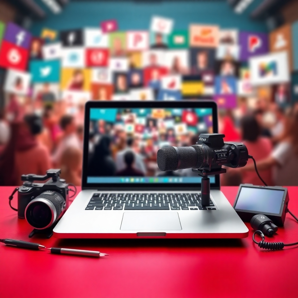 A stylized image showcasing different content creation tools (laptop, microphone, camera) arranged artistically. The background features a blurred montage of various online platforms and audiences. The color palette is bright and energetic, reflecting the creative energy of content creation. Focus on visual appeal and suggesting broad reach. 8k resolution, high quality, slightly abstract.
