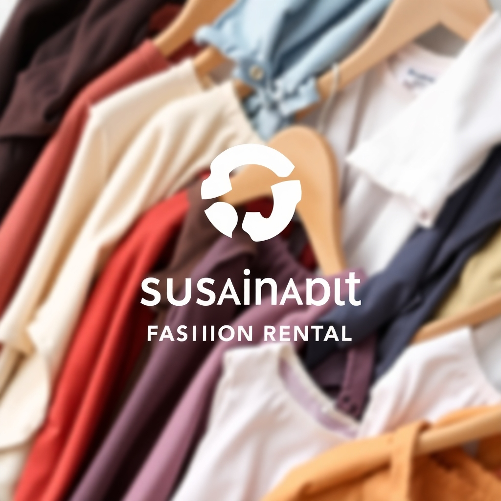 A stylized image showcasing the logo and branding for a sustainable fashion rental platform. This might feature a logo superimposed on a background of diverse clothing items.  The background colors and overall design style should be clean and modern. The lighting should emphasize the logo and maintain the consistency of the style guide. The image must be high quality and eye catching.
