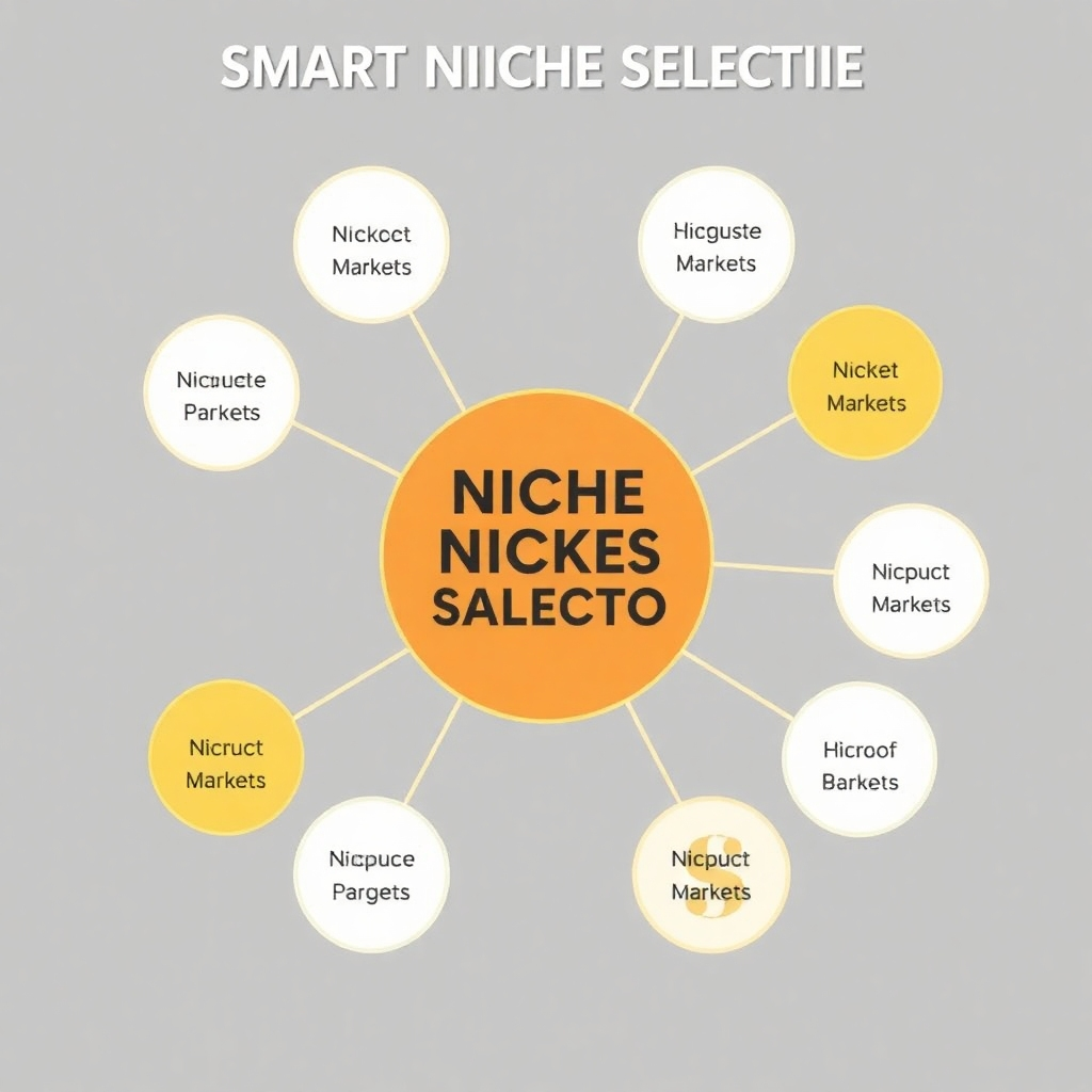 A stylized image showcasing various niche markets as interconnected nodes in a network graph, with clear visual representations of their profitability potential. The image should convey a strong sense of strategy and smart decision-making, conveying the overall value of smart niche selection.
